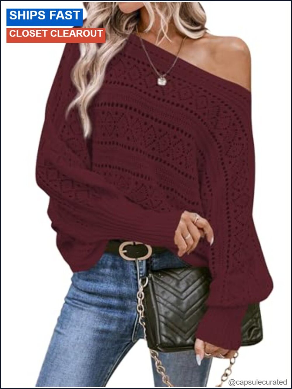 Off Shoulder Oversized Crochet Knit Pullover Sweater Batwing Sleeve